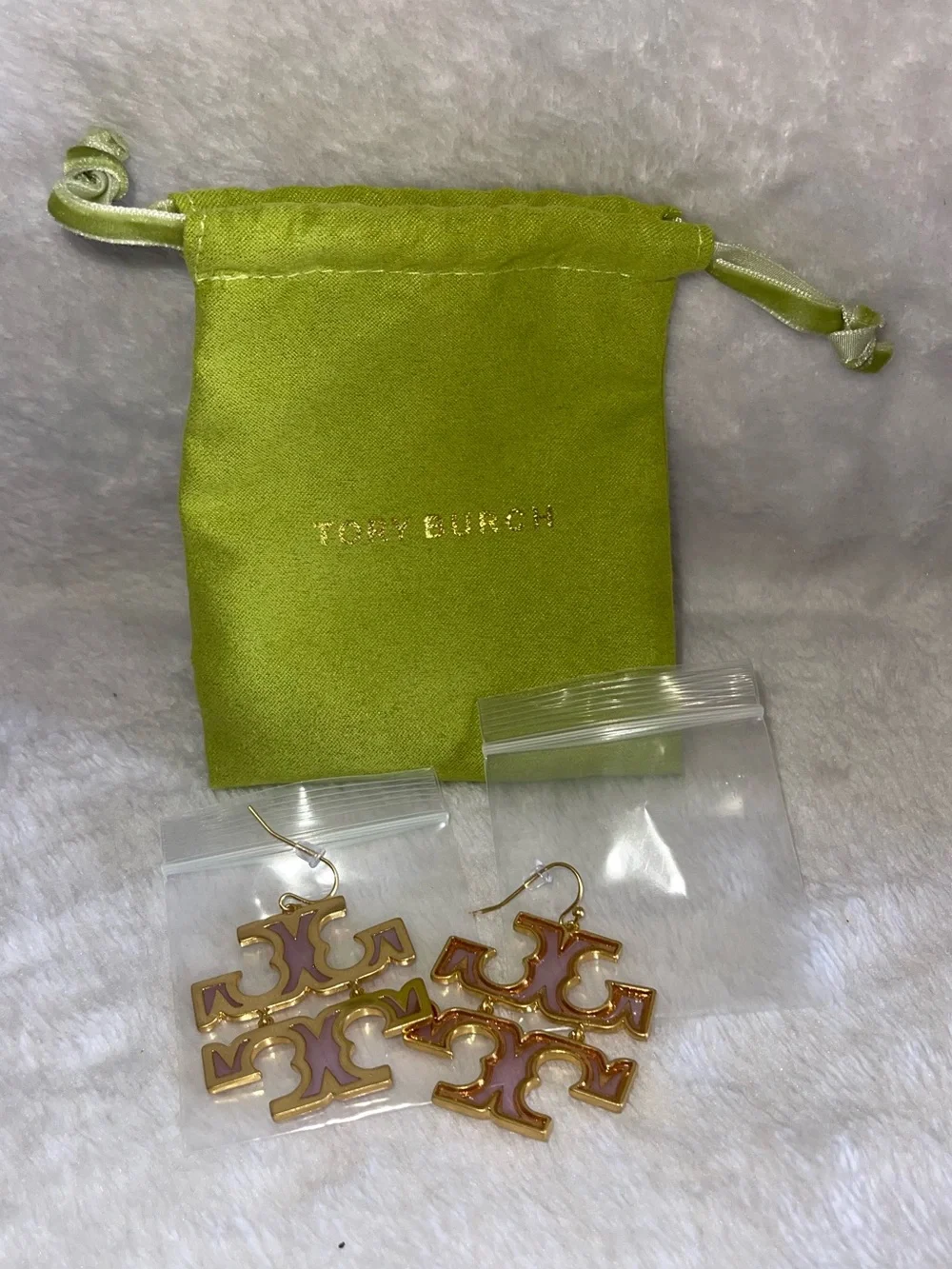 Tory Burch Gold Logo Drop Earrings with Pink Enamel